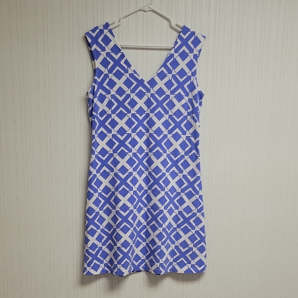 MAHI GOLD Blue & White Patterned Paradise Dress Large Summer Resort Casual Coast